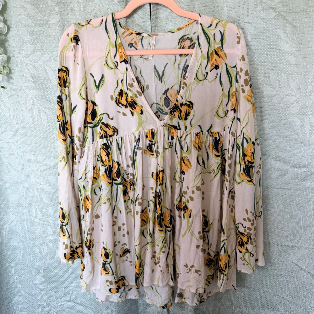 Free People Yellow Floral Tulip Babydoll Tunic Top V-Neck Cream XS